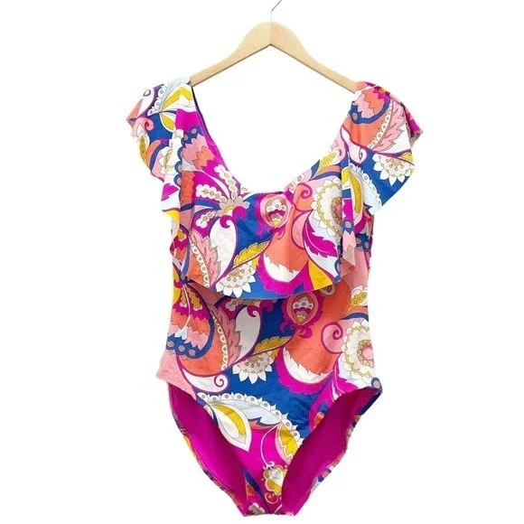 NWT Trina Turk Sevilla Ruffle One Piece Swimsuit Pink Blue Combo Women’s Size 14